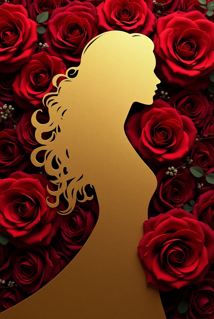 Book cover with red roses and a golden silhouette of a woman with curly hair