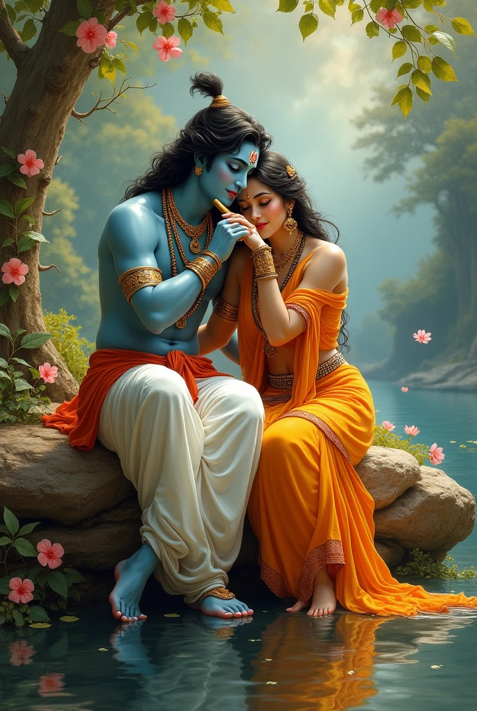 Make me a picture of Radha Krishna in which Krishna is sitting on a rock and playing the flute and Radha is also sitting with him and keeping her head on his shoulders and getting engrossed in the tune of the flute.