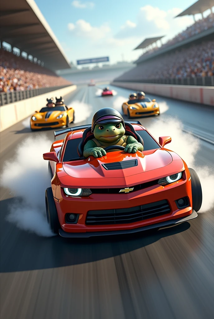 Turtle driving a Chevrolet Camaro in a race with three other animals driving cars