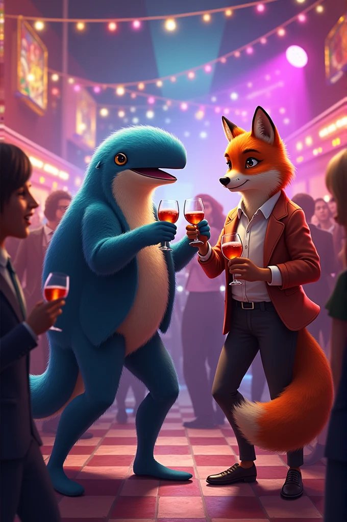 A whale, a macaw and a fox dancing and enjoying themselves in a nightclub with blonde hair, dressed and having a glass of wine 