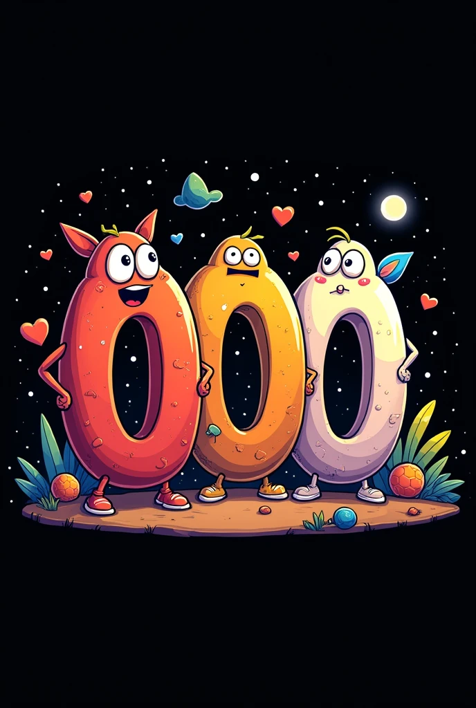 Black background and 000 appearing in Cartoon style all decorated