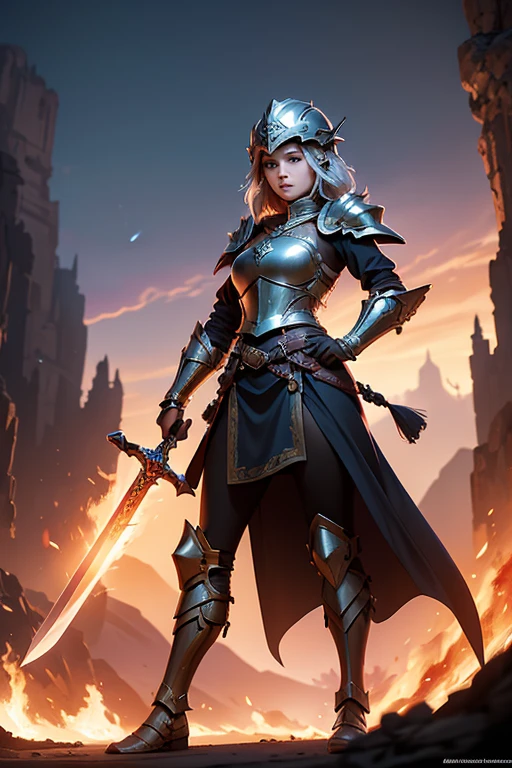 a female in a helmet and armor with a sword in her hand and fire in the background, with a sky background, fantasy art, epic fantasy character art, a detailed matte painting