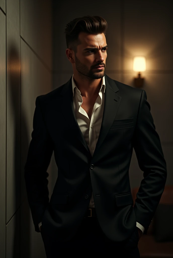 Sexy masculine man in a black suit talking in the corner of a room facing inward