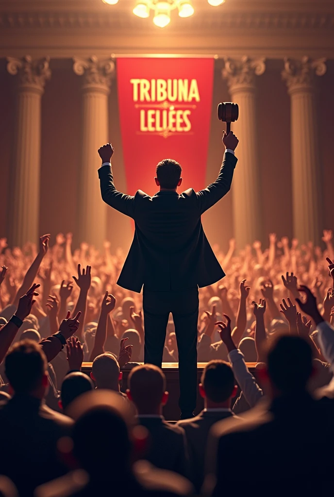 An auctioneer in a suit and tie, standing backwards, with a judge's gavel held high, with a crowd with their hands raised, and a banner in Portuguese written Tribuna Leilões