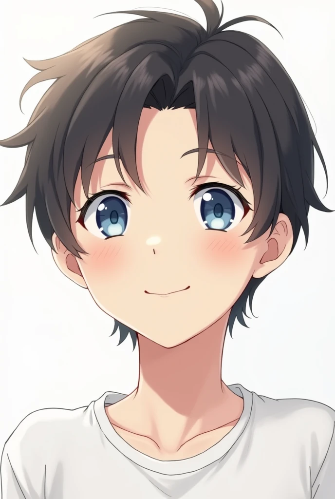 Create a handsome teenage boy character with short hair , with blue eyes , smiling, wearing a white shirt, . With anime pictures