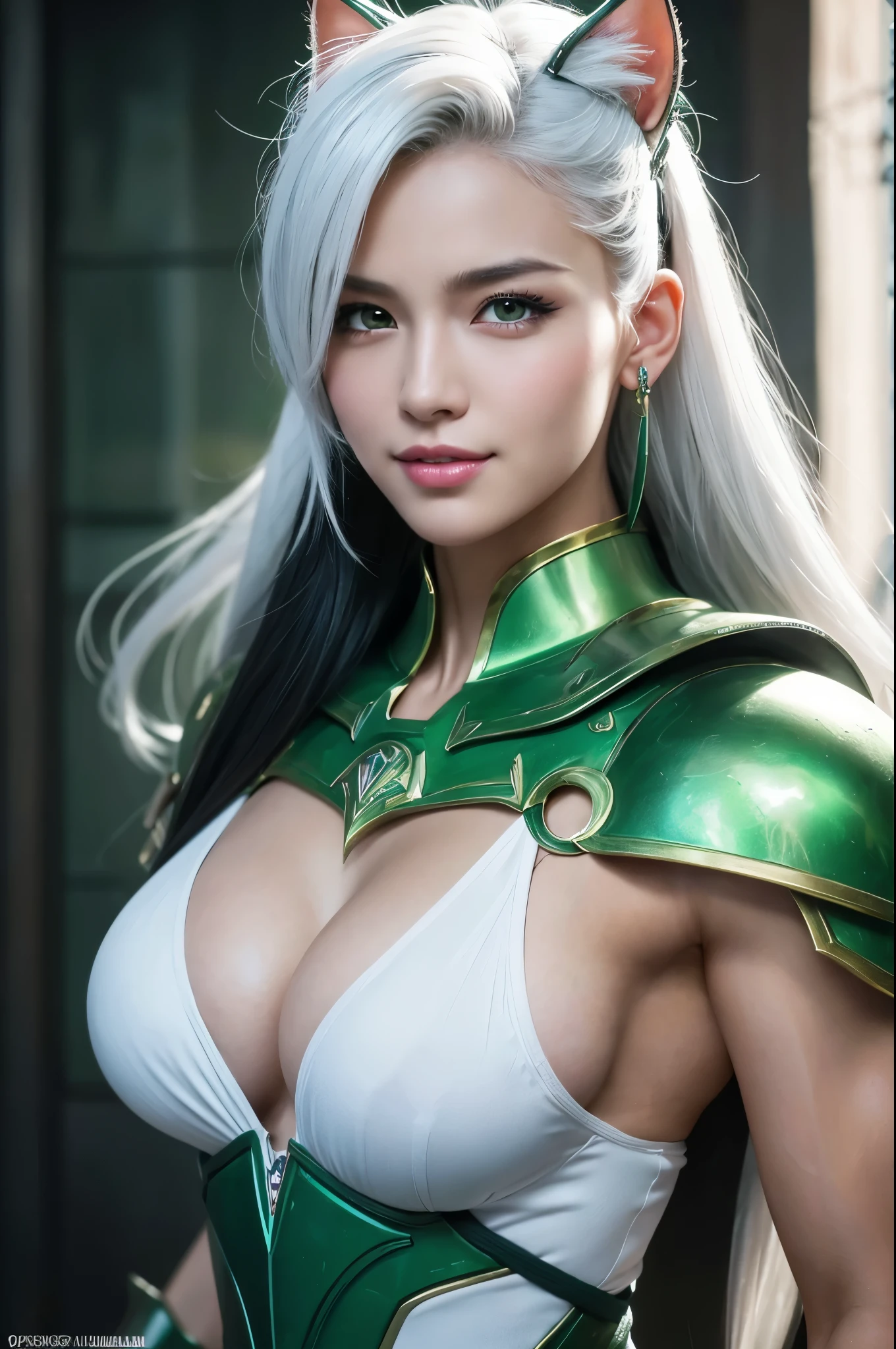 8k,Magnificent Fangs,white mohawk hair,A close-up of a girl wearing a white cat ear costume(Like the real thing) ,Muscular macho body,Gorgeous green and black armor,white mohawk hair,Lavish decoration,Green Eyes,Ultra-Realistic Skin,Fangs are visible from the mouth,Portrait of a Knight, ig model | ArtJam, Very detailed artgerm, Fan Art Best Art Station, 2. 5d cgi animation,Gorgeous Mature Paladin, Detailed digital anime art, Alexandra Fomina Art Station, ArtJam ; 3d unreal engine５,Ultra-high resolution,A kind smile,Strong,Highest quality photorealistic RAW photos。Backlight、Cinema Lighting、Film Grain、50mm lens、Nikon D850、Ultra-Realistic Skin、Fantasy art、Character Art、Ultra-high resolution、muscular and slim body、Ultra-Realistic Skin、Super Muscular Beauty,Clenching his fist and striking a dynamic pose,Showing cleavage,Super Muscular Beauty,Female bodybuilder body types,Very large breasts,Karate stance(Martial Arts),
