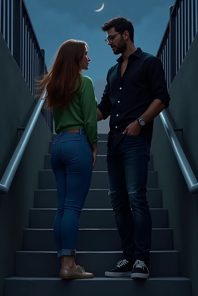 A woman and a men are talking on the stairs at night, the women is wearing a green top and jeans , the men is wearing a black printed shirt, jeans , spec and black sneakers.
