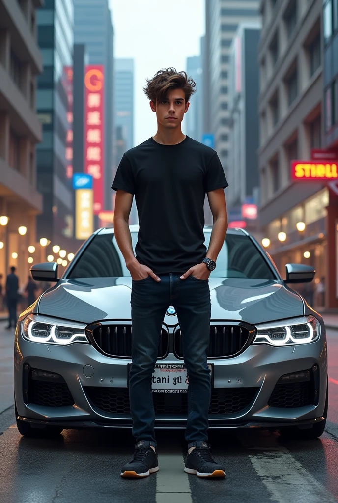 A sleek, dark gray BMW E87, its metallic paint gleaming in the urban light, sits parked against a cityscape backdrop, its license plates boldly emblazoned with the customized text "STANI GT" in silver, sans-serif font. In the foreground, a 25 boy with a fit build, front messy hair, brown hair, dressed in all-black attire, including a fitted t-shirt, jeans, and nike shoes, stands confidently in front of the vehicle, his bright, expressive eyes gazing directly at the viewer. The city surrounding them is a blur of towering skyscrapers, bustling streets, and neon lights, with hints of concrete and steel accents. The overall mood is one of youthful energy and urban sophistication, with the BMW's sleek lines and the boy's cool demeanor exuding a sense of style and confidence.