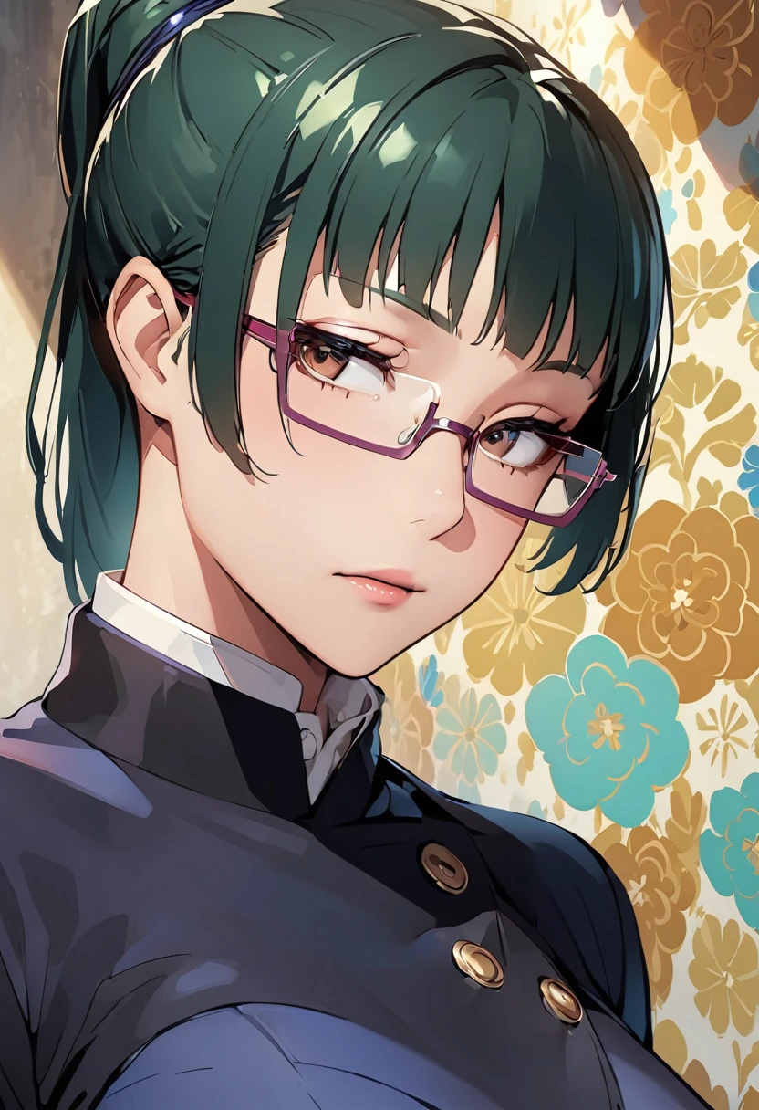 Zenin Maki with green hair and glasses, fine details. best anime 4k konachan wallpaper, beautiful anime portrait, stunning anime face portrait, detailed portrait, The background is a vintage floral-patterned wallpaper that complements the artwork's colors. The line work is precise, with delicate shading that gives the illustration a 3D quality.
