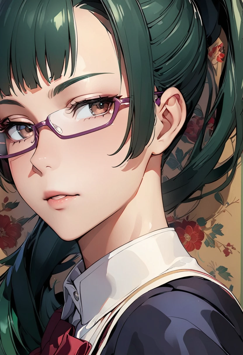 Zenin Maki with green hair and glasses, fine details. best anime 4k konachan wallpaper, beautiful anime portrait, stunning anime face portrait, detailed portrait, The background is a vintage floral-patterned wallpaper that complements the artwork's colors. The line work is precise, with delicate shading that gives the illustration a 3D quality.
