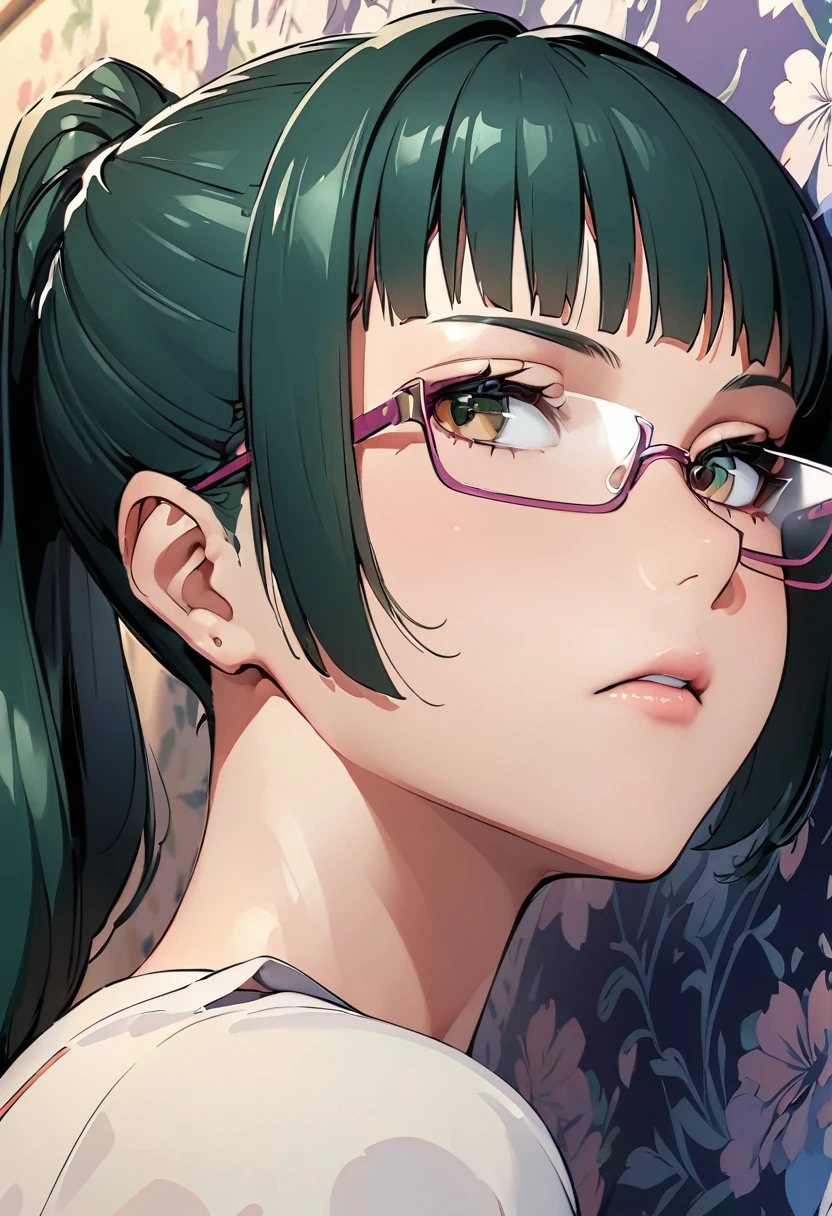 Zenin Maki with green hair and glasses, fine details. best anime 4k konachan wallpaper, beautiful anime portrait, stunning anime face portrait, detailed portrait, The background is a vintage floral-patterned wallpaper that complements the artwork's colors. The line work is precise, with delicate shading that gives the illustration a 3D quality.
