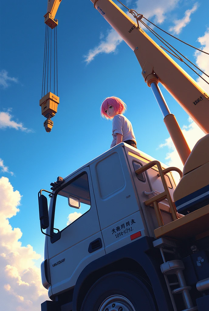 work of art, qualkor máxima, highy detailed, papel de parede da unkor 8k, (riding on a crane truck), firmament, 1 person, heavy machinery, gradient hair, hair between the eyes, Ahoge, kor: 16, looking back, Face pretty, white neeso,