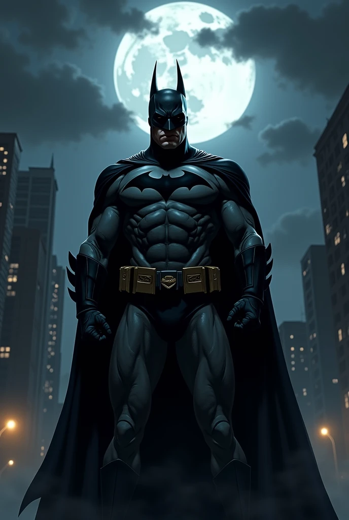Batman at night illustration, work of art, gloomy style, perfect lighting, 8k, lot of details, work of art, from front view