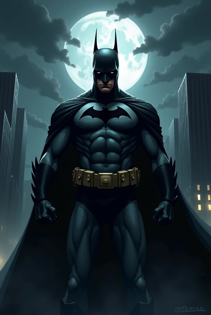 Batman at night illustration, work of art, gloomy style, perfect lighting, 8k, lot of details, work of art, from front view