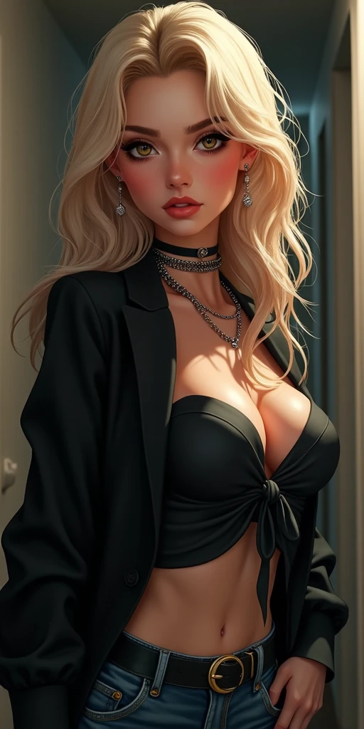 a beautiful busty blonde woman with short bangs and curly hair,sunrise leather thong panties,sheer gold lace shirt,green eyes,red lipstick,black tribal full body tattoo,silver ruby necklace,photorealistic,highly detailed,cinematic lighting,8k,masterpiece wounds bullet holes cuts blood