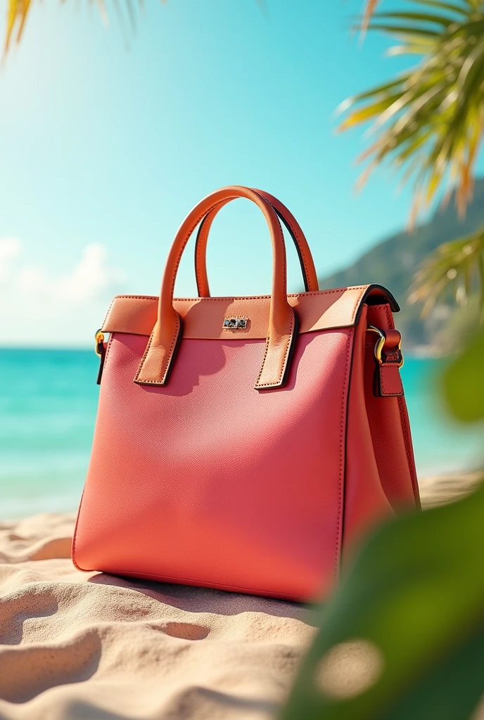 An image of a sustainable and durable leather bag for a spring summer collection. Try colorful colors, something very summery. It is for advertising on social media., so there may be creative elements as well