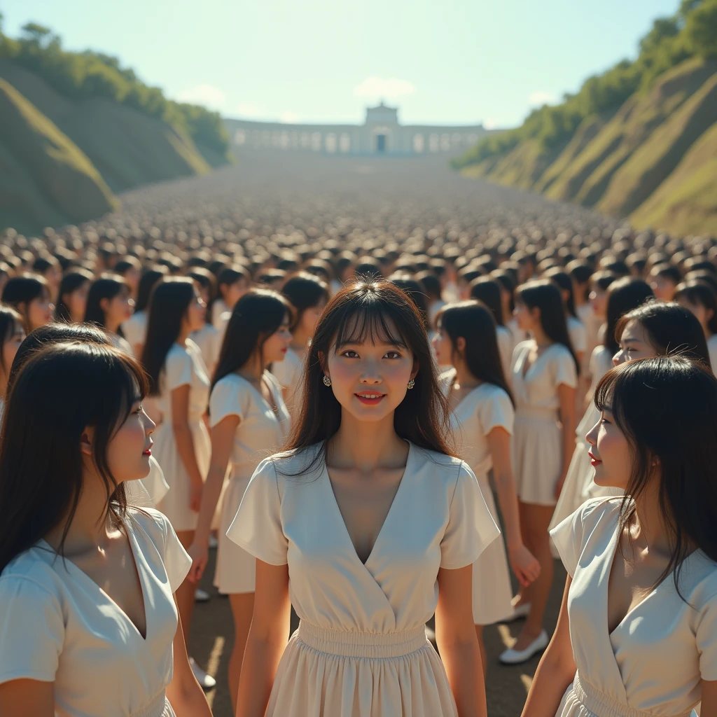 (((((Japanese Clone girls=Myself)))))), (((Best Super High quality Myself Clone girls Raw Photography Art))), (16K, Highest quality, Ultra-high resolution, RAW Photos), (((It's so unrealistic., With unparalleled depiction, With an unfathomable sight, An unprecedented and shocking worldview, Clone girls in a world of mass reproduction, Ultra-realistic))), (((Japanese, woman, 20yo, Saito-Asuka))), (Small face, ((Thick black hair, Semi-long hair))), ((V-neck short-sleeve dress)), (((((Very detailed美しい女体, Accurate body structure, Very detailed完璧な, Super busty body with very large breasts, Clearly emphasizes cleavage))))), (((Dark Eyes, Mature face, Cute Smile, A gentle gaze))), (((Her happy and smiling expression is so cute))), ((((((((Very detailed分身増殖描写, ((1girl→Myself cloning→1,000,000,000,000,000,000,000,000,000,000,000,000,000,000,000,000,000,000,000,000Myself Clone girls)))))))))), ((((((((Very detailed, The precise depiction of the proliferation of Myself Clone girls, ((With the perfectly identical bodies of Myself clone girls, With the exact same face as the Myself clone girls, With the exact same hairstyle as the Myself clone girls, In the exact same clothes as the girls who are my clones, Perfectly the same height as the Myself clone girls, Super big breasts, just like the Myself clone girls)))))))))), (((Myself clone girls only))), (((Multiple pairs, Very detailed depiction, (Myself clone girls hug each other, Myself clone girls assemble, Fun conversations with fellow Myself clone girls, A fun conversation between Myself clone girls, Myself clone girls holding hands, Walking with lots of Myself clone girls, turn around, look at me)))), (((Everyone looks at the camera))), (((Unbelievably crowded, Transcendent Myself clone girls intimately, Countless Myself clone girls surround you in 360 degrees))), (Bright, soft sunlight), (((Very wide field of view, Very detailed, Detailed ultra-perspective depiction with clear depth, super wide view))), (((((A place with a steeply curved slope))))), (((Very photographic and detailed depiction, Myself clone girls will multiply infinitely and fill the surroundings from one side to the horizon with their bodies tightly packed together without any gaps., A scene of endless Myself clone girls and a fun atmosphere))), (Focus on the average value of the image)