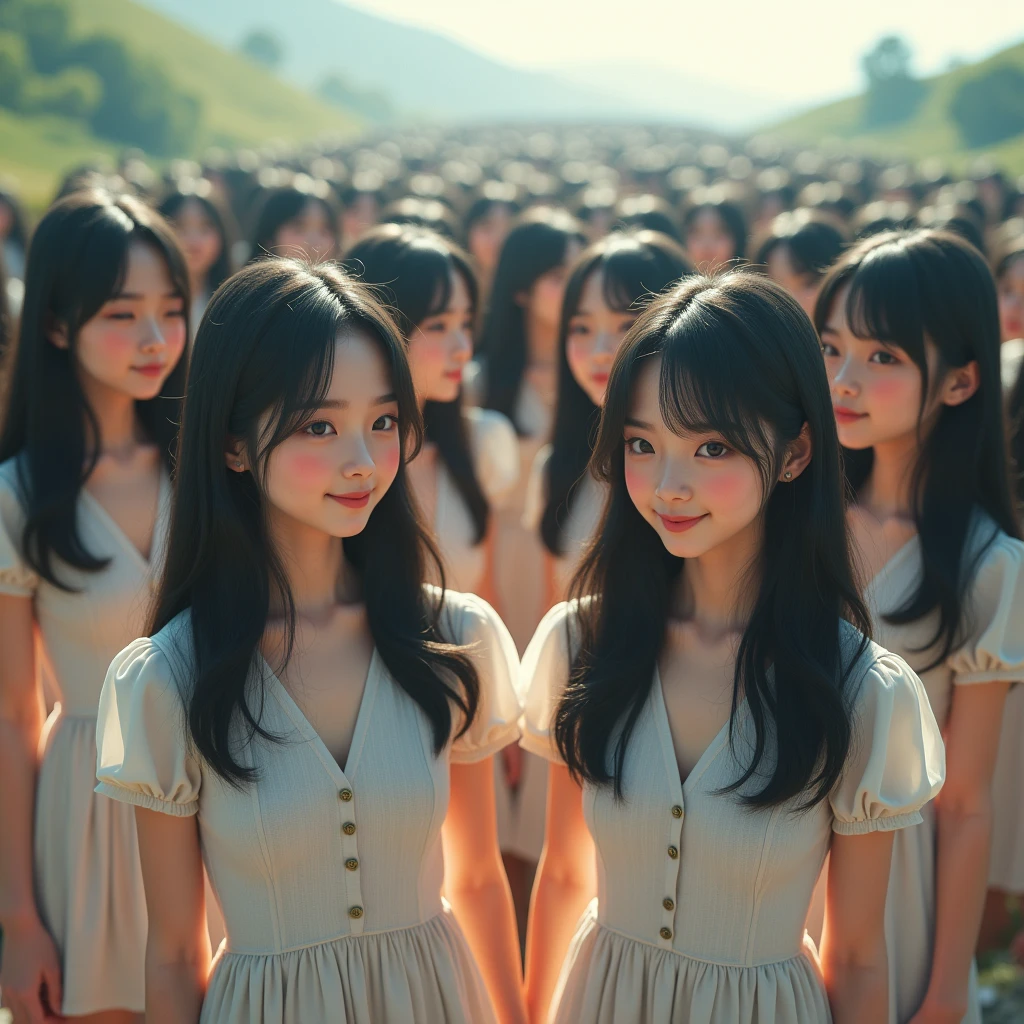 (((((Japanese Clone girls=Myself)))))), (((Best Super High quality Myself Clone girls Raw Photography Art))), (16K, Highest quality, Ultra-high resolution, RAW Photos), (((It's so unrealistic., With unparalleled depiction, With an unfathomable sight, An unprecedented and shocking worldview, Clone girls in a world of mass reproduction, Ultra-realistic))), (((Japanese, woman, 20yo, Saito-Asuka))), (Small face, ((Thick black hair, Semi-long hair))), ((V-neck short-sleeve dress)), (((((Very detailed美しい女体, Accurate body structure, Very detailed完璧な, Super busty body with very large breasts, Clearly emphasizes cleavage))))), (((Dark Eyes, Mature face, Cute Smile, A gentle gaze))), (((Her happy and smiling expression is so cute))), ((((((((Very detailed分身増殖描写, ((1girl→Myself cloning→1,000,000,000,000,000,000,000,000,000,000,000,000,000,000,000,000,000,000,000,000Myself Clone girls)))))))))), ((((((((Very detailed, The precise depiction of the proliferation of Myself Clone girls, ((With the perfectly identical bodies of Myself clone girls, With the exact same face as the Myself clone girls, With the exact same hairstyle as the Myself clone girls, In the exact same clothes as the girls who are my clones, Perfectly the same height as the Myself clone girls, Super big breasts, just like the Myself clone girls)))))))))), (((Myself clone girls only))), (((Multiple pairs, Very detailed depiction, (Myself clone girls hug each other, Myself clone girls assemble, Fun conversations with fellow Myself clone girls, A fun conversation between Myself clone girls, Myself clone girls holding hands, Walking with lots of Myself clone girls, turn around, look at me)))), (((Everyone looks at the camera))), (((Unbelievably crowded, Transcendent Myself clone girls intimately, Countless Myself clone girls surround you in 360 degrees))), (Bright, soft sunlight), (((Very wide field of view, Very detailed, Detailed ultra-perspective depiction with clear depth, super wide view))), (((((A place with a steeply curved slope))))), (((Very photographic and detailed depiction, Myself clone girls will multiply infinitely and fill the surroundings from one side to the horizon with their bodies tightly packed together without any gaps., A scene of endless Myself clone girls and a fun atmosphere))), (Focus on the average value of the image)