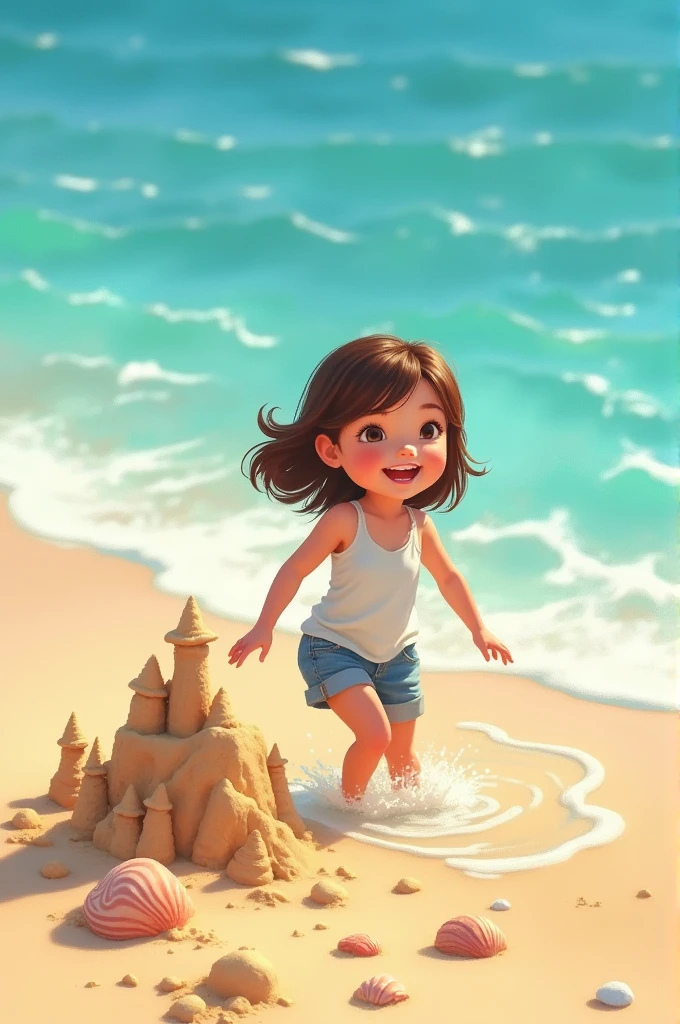A girl and her family enjoying at the beach. The girl is swimming in the clear, cool sea while building sandcastles. The scene shows blue water, golden sand, and some seashells