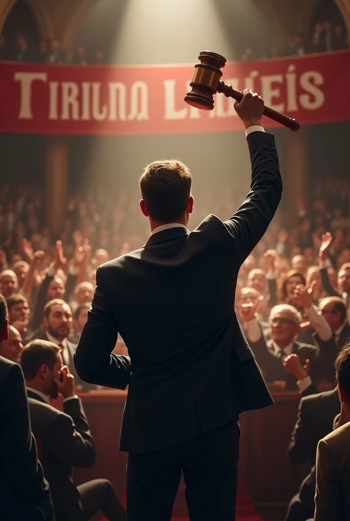 An auctioneer in a suit and tie, standing backwards, with a judge's gavel held high, with a crowd with their hands raised, and a banner in Portuguese written exactly Tribuna Leilões