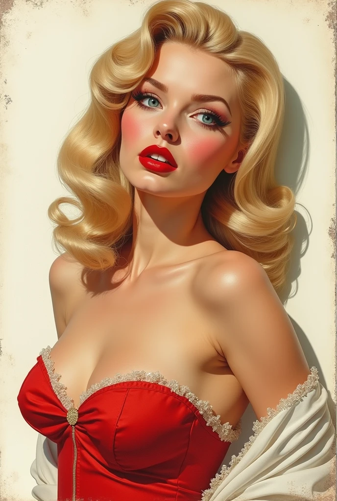 Sexy blonde woman with cleavage on an old 45 record cover with a white stripe at the top of the cover 
