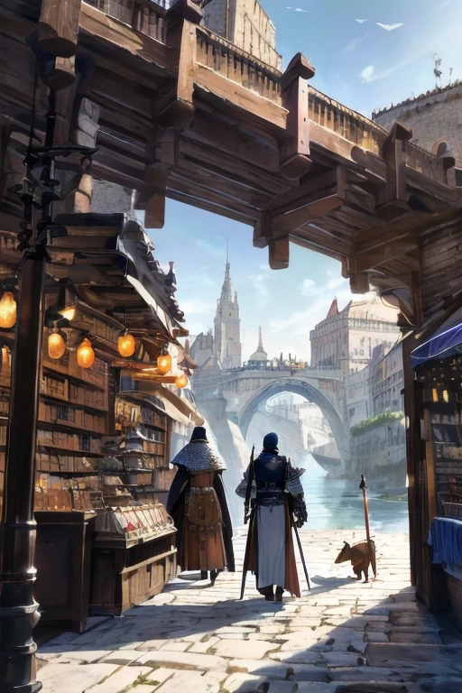 Landscape,distant view,fantasy style,medieval architecture,white brick walls,orange roofs,cobblestone roads,bustling shops,vendors,shouting,customers,lively streets,background crowd in medieval attire,sentinels in armor,city gate,a few prominent pedestrians,a wizard holding a wand,a warrior carrying a shield,a swordsman with a sword,a priest with a book,exterior of a restaurant,river,bridge,roadside dog,masterpiece,best quality,highly detailed,Amazing,finely detail,extremely detailed CG unity 8k wallpaper,score:>=60,, incredibly absurdres,wallpaper,realistic,real,photo,landscape,foreshortening,, beautiful detailed eyes,Fine hair texture,