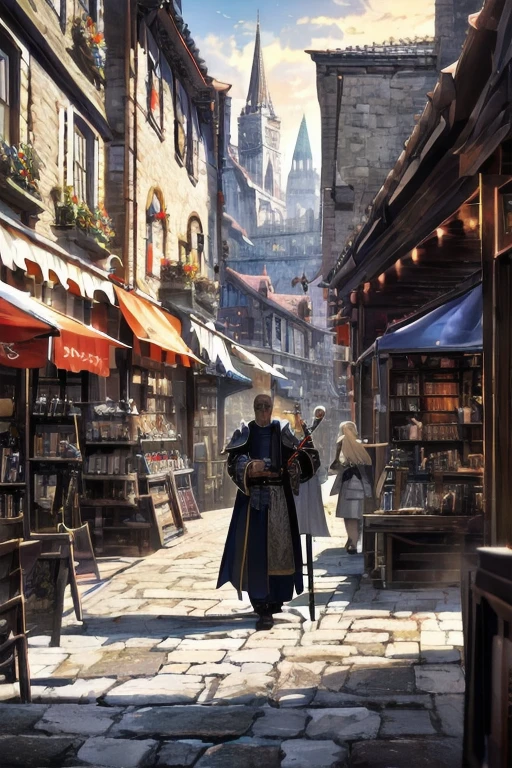 Landscape,distant view,fantasy style,medieval architecture,white brick walls,orange roofs,cobblestone roads,bustling shops,vendors,shouting,customers,lively streets,background crowd in medieval attire,sentinels in armor,city gate,a few prominent pedestrians,a wizard holding a wand,a warrior carrying a shield,a swordsman with a sword,a priest with a book,exterior of a restaurant,river,bridge,roadside dog,masterpiece,best quality,highly detailed,Amazing,finely detail,extremely detailed CG unity 8k wallpaper,score:>=60,, incredibly absurdres,wallpaper,realistic,real,photo,landscape,foreshortening,, beautiful detailed eyes,Fine hair texture,