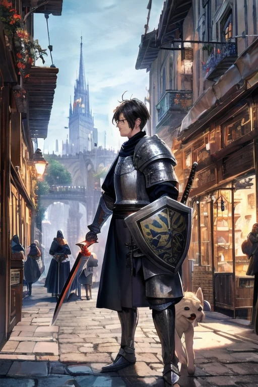 Landscape,distant view,fantasy style,medieval architecture,white brick walls,orange roofs,cobblestone roads,bustling shops,vendors,shouting,customers,lively streets,background crowd in medieval attire,sentinels in armor,city gate,a few prominent pedestrians,a wizard holding a wand,a warrior carrying a shield,a swordsman with a sword,a priest with a book,exterior of a restaurant,river,bridge,roadside dog,masterpiece,best quality,highly detailed,Amazing,finely detail,extremely detailed CG unity 8k wallpaper,score:>=60,, incredibly absurdres,wallpaper,realistic,real,photo,landscape,foreshortening,, beautiful detailed eyes,Fine hair texture,