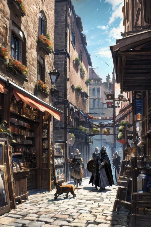Landscape,distant view,fantasy style,medieval architecture,white brick walls,orange roofs,cobblestone roads,bustling shops,vendors,shouting,customers,lively streets,background crowd in medieval attire,sentinels in armor,city gate,a few prominent pedestrians,a wizard holding a wand,a warrior carrying a shield,a swordsman with a sword,a priest with a book,exterior of a restaurant,river,bridge,roadside dog,masterpiece,best quality,highly detailed,Amazing,finely detail,extremely detailed CG unity 8k wallpaper,score:>=60,, incredibly absurdres,wallpaper,realistic,real,photo,landscape,foreshortening,, beautiful detailed eyes,Fine hair texture,