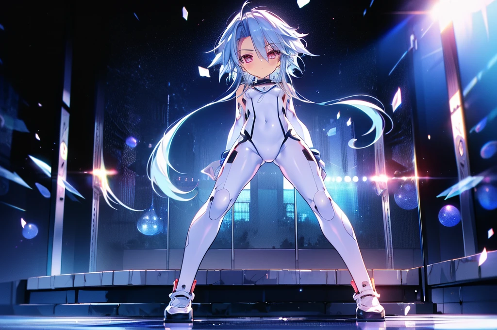 Highest quality，white heart，1girl，blue hair，red eyes，short hair with long locks，bare shoulders，symbol-shaped pupils，white bodysuit，elegant, 1 person, cute, Blushed, Looking at the audience, From below, prison，Beautiful Eyes, Beautiful background, Particles of light, Light of the sun, Dramatic lighting, outside, Shiny, Realistic, Highest quality, Very detailed, Get used to it, scenery, Beautiful and detailed, Thin Hair，Full Body Shot，