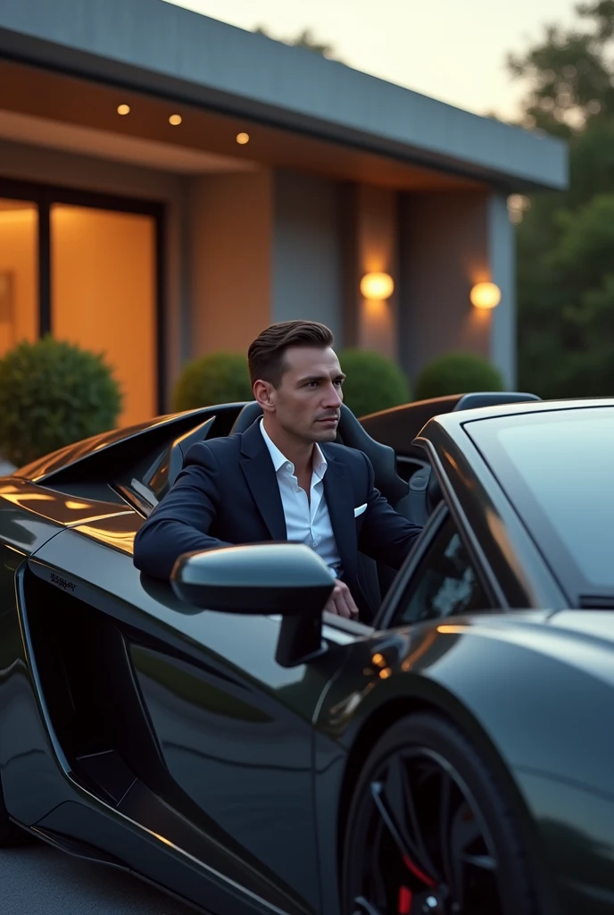 The  man sitting in Lamborghini car 
Out side of banglo straight hair