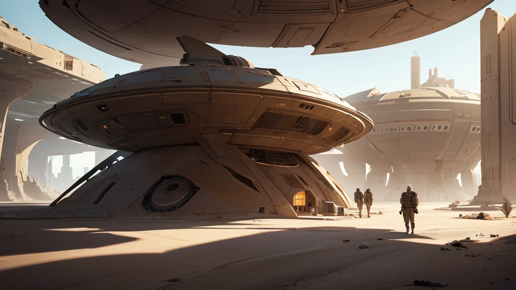 Make a futuristic laboratory scene. sand tones. Desert and abandoned biome. An imposing structure. A futuristic building
