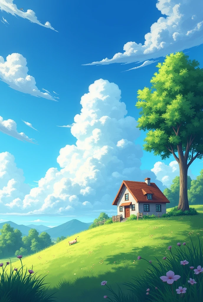 Viral anime nature wallpaper in quality, in the style of digital illustration inspired by Satoshi Kon, A picturesque landscape with a small house in a grassy field. The sky is filled with fluffy white clouds, and there is a tall, green tree on the right side of the image. The whole scene is bathed in a warm, golden light. The image evokes a sense of peace and tranquility. The house is a symbol of home and comfort, and the clouds represent the vastness of the sky and the endless possibilities of life. The green tree is a sign of life and growth. The warm light of the sun represents hope and optimism. Overall, the image is a beautiful and inspiring vision of a peaceful and serene world.