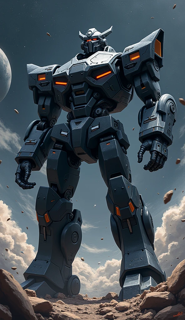 heroic, stylish, Anime Style, Black,Pitch black, Twin Eye Head, mechanical, Super Robot, Full body image, Apocalypse, universe, High detail, Very detailed