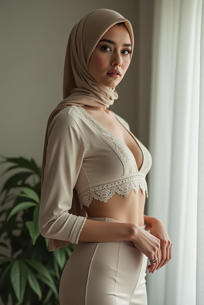 Malaysia,Muslim women,scarf,Black skirt,Ultra-high-definition images,chest,Upper body down,reality,Unbutton,Cleavage,Reality,Standing,Home,Good shape,Short-sleeved clothes,Sexy,Thin clothes,perspective,,Lace,Thin hijab,Long legs,floor,front
