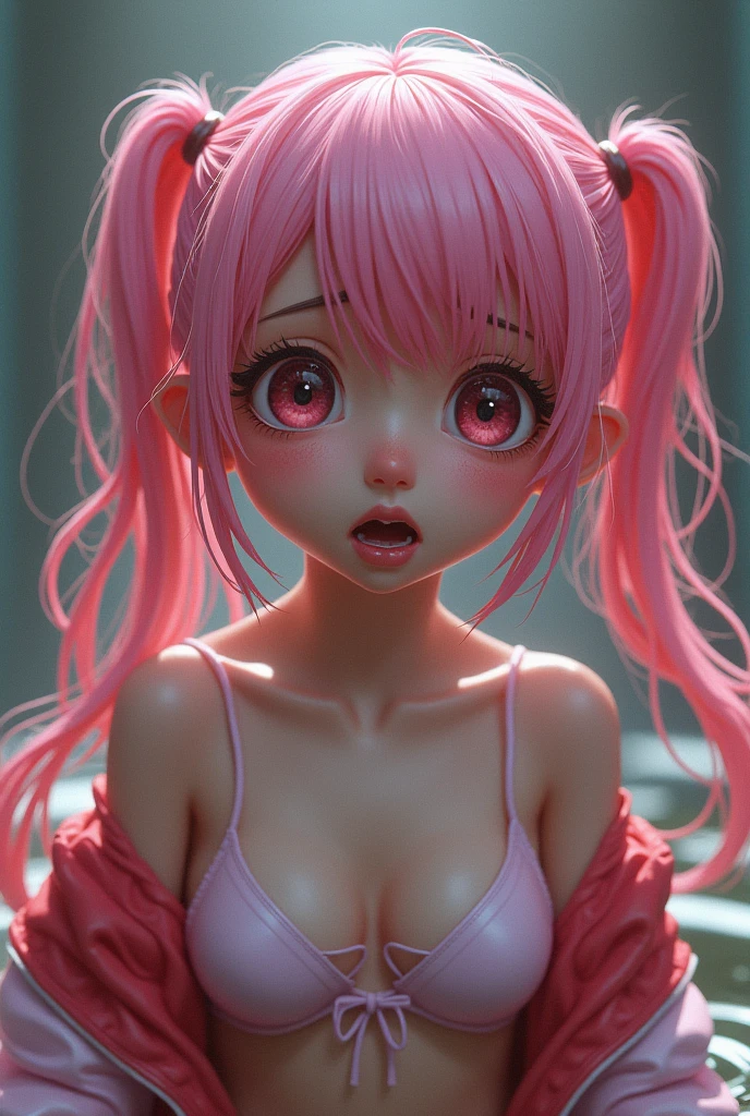 (masterpiece), best quality, expressive eyes, perfect face, baby face, wet body, wet hair, crying a lot, angry, pink two-tone hair, very wavy twintail long hair, Children junior  girl, 
medium breasts, micro mini jacket, See-throu, open mouth, open bra