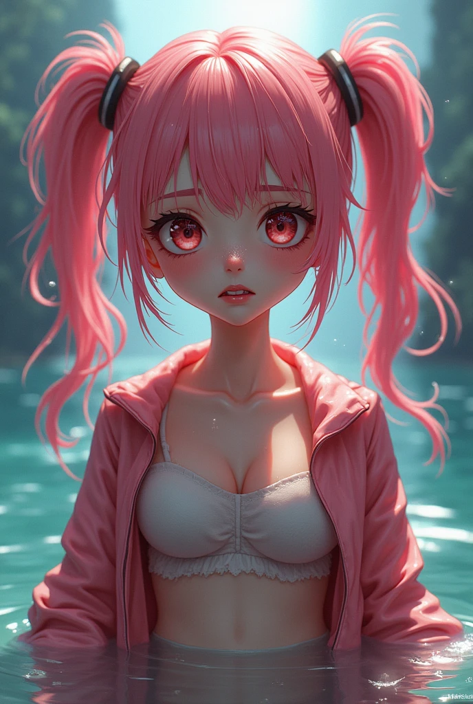 (masterpiece), best quality, expressive eyes, perfect face, baby face, wet body, wet hair, crying a lot, angry, pink two-tone hair, very wavy twintail long hair, Children junior  girl, 
medium breasts, micro mini jacket, See-throu, open mouth, open bra