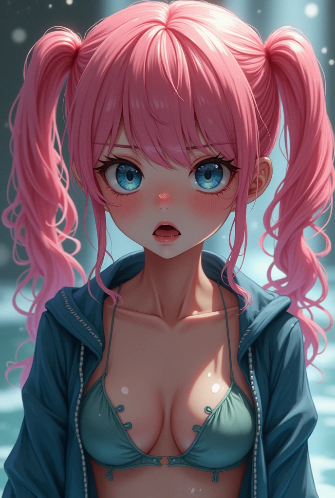 (masterpiece), best quality, expressive eyes, perfect face, , wet body, wet hair, crying a lot, angry, pink two-tone hair, very wavy twintail long hair, Children medium breasts, micro mini jacket, See-throu, open mouth, open bra
