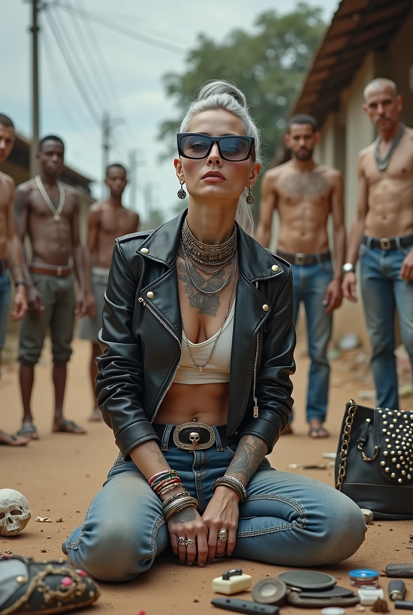 russian milf woman, grey hair (pouf, and top bun and shaved sides) and oversized square maxi sunglasses as headband, with very light blue eyes, extremely pale. Wearing aged black cropped moto jacket with padded shoulders, with lots of zippers and pins; aged dirty tight push up tank top , skinny aged blue jeans and dirty white tennis sneakers. Dirty knees and dusty hands. Lots of metallic bracelets, lots of boho pendants and lots of colourful beads collars. Tacky wide studded leather belt with oversized skull and bones buckle. Long bohemian earrings with colourful feathers. Kneeling like in a payer, looking up, chin up stretching her neck , humble facial expression. Hands on her knees, showing off bracelets and rings. studded black leather tote bag with chains on the floor, next to her.. Listening in amazement to somebody speaking to her, well toned abdominals, thin neck, slim legs and thin arms. Tattoed heavily on chest and hands. Dirt street in Kenian village full of waste. A lot of tanned shirtless fat men in jeans around looking at her. next to her, all her belongings scattered on the floor: makeup kit, little makeup mirror, studded black leather tote bag, lipstick, wallet, moble etc on the floor