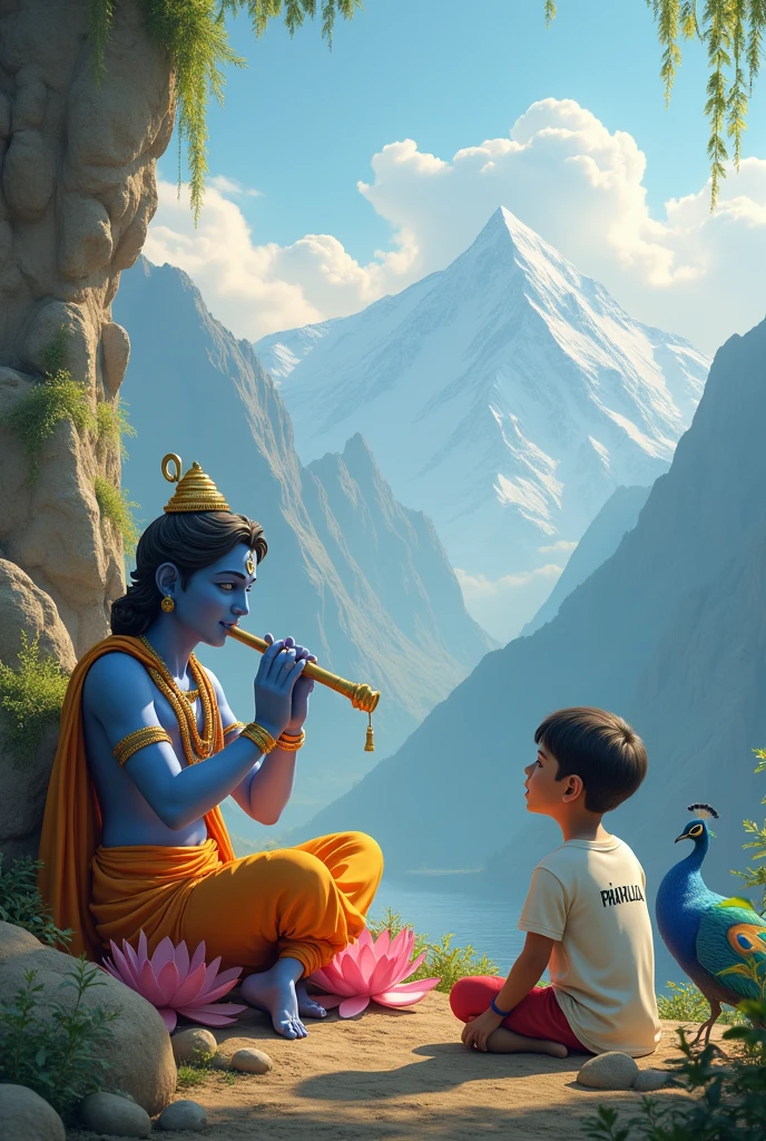 create a 3d image of 2 Indian devotional boy who is sitting next to krishna ji and Krishna ji playing the flute, they both sit together on the mountain,boy wearing T-shirt Name "prafulla" written on it, heaven like beautiful view background, peacock dancing,realistic image and boy is in barefoot.