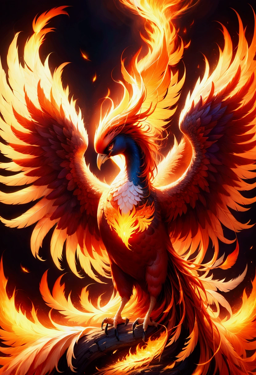 Phoenix, a majestic phoenix, detailed feathers, dramatic lighting, vibrant colors, 8k, highly detailed, intricate texture, glowing embers, sweeping wings, mythical creature, fantasy art, dramatic pose, fiery atmosphere, cinematic composition, masterpiece, best quality, very aesthetic, absurdres