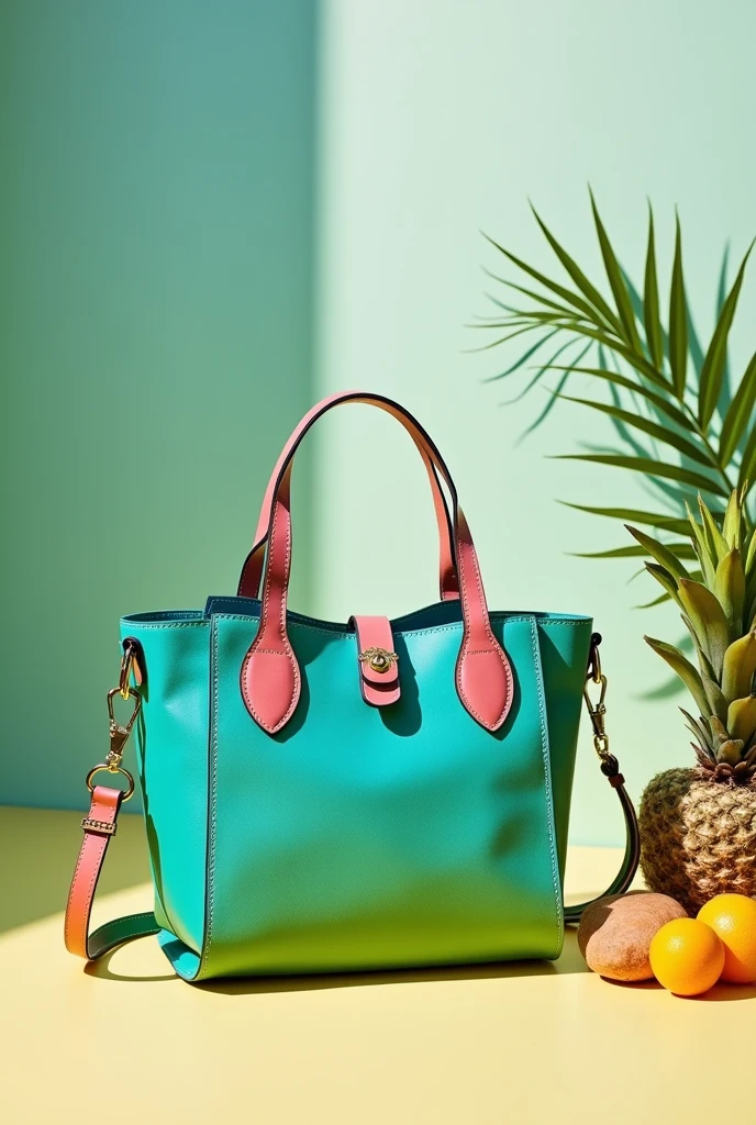 An image of a sustainable and durable leather bag for a spring summer collection. Try colorful colors, something very summery. It is for advertising on social media., so there may be creative elements as well.