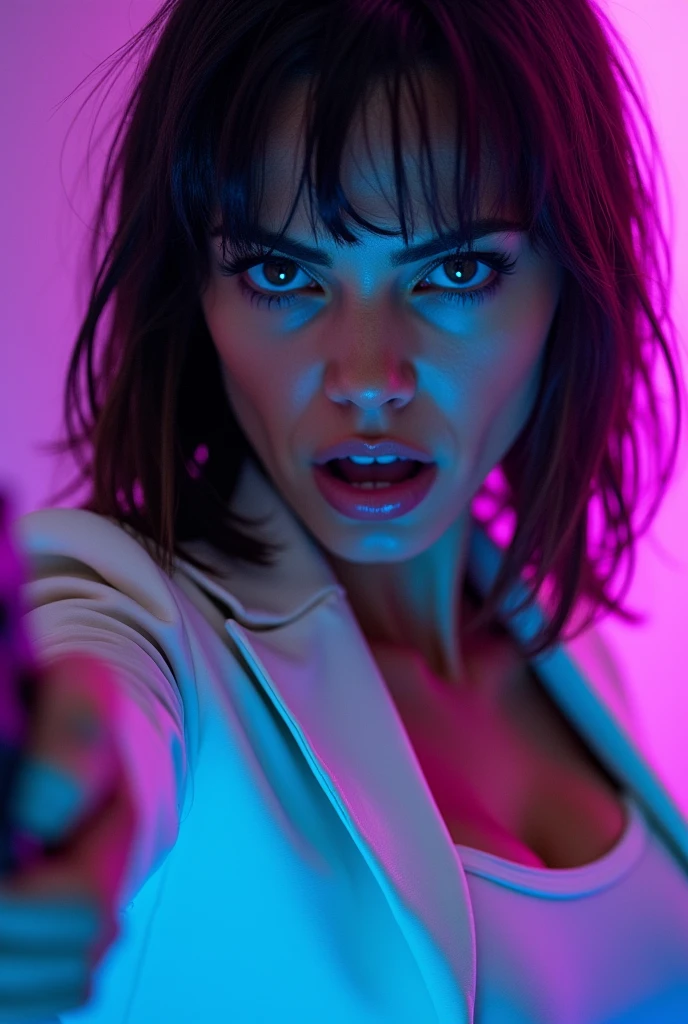 A close-up of a woman's very blue eyes, angry look, linda, black hair,white leather suit clothing, and a gun in his hand in his hand, purple fluorescent light background, dark sparkles