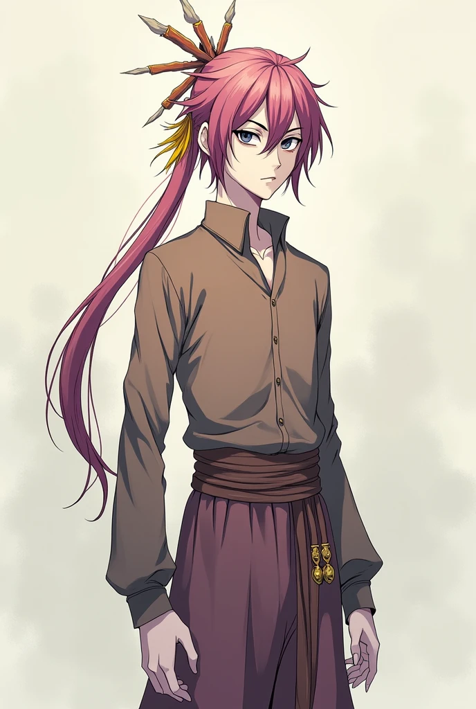 Create a full-body illustration in the art style of Bleach featuring a seraphim man with white skin and messy hair tied in a very long ponytail, colored dark pink with a hint of beige. He has five eyes with dark blue pupils, and his ears are adorned with multiple paintbrushes and yellow earrings. He wears a high-collared, long-sleeved shirt and very short pants, both in a brownish-lilac color.