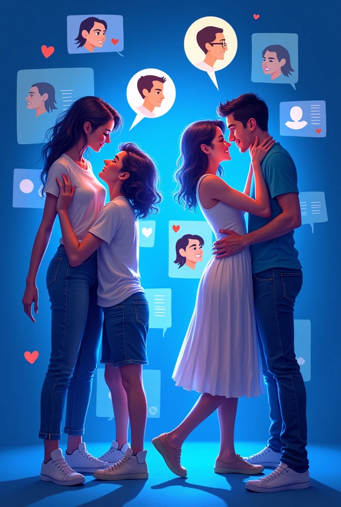  Represents the Facebook interface with key elements such as a profile, Notifications of reactions and comments on a post. Includes images of people interacting in a friendly but flirtatious manner. Use Facebook&#39;s shades of blue. Digital art style and bright colors.