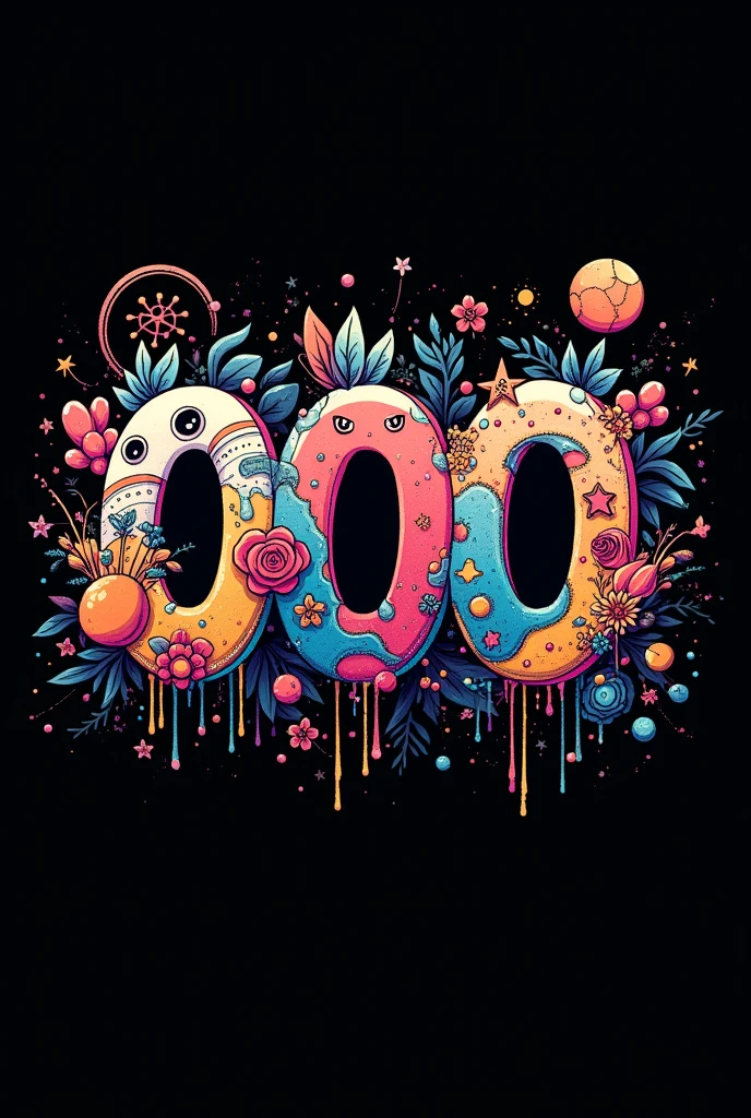 Black background and 000 appearing in Cartoon style, all decorated and graffitied, working in a very beautiful aesthetic.