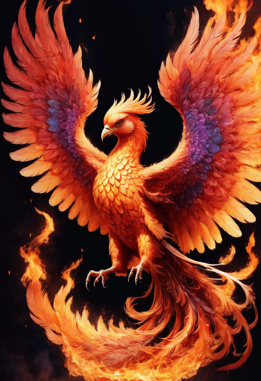 Phoenix, a majestic phoenix, detailed feathers, dramatic lighting, vibrant colors, 8k, highly detailed, intricate texture, glowing embers, sweeping wings, mythical creature, fantasy art, dramatic pose, fiery atmosphere, cinematic composition, masterpiece, best quality, very aesthetic, absurdres