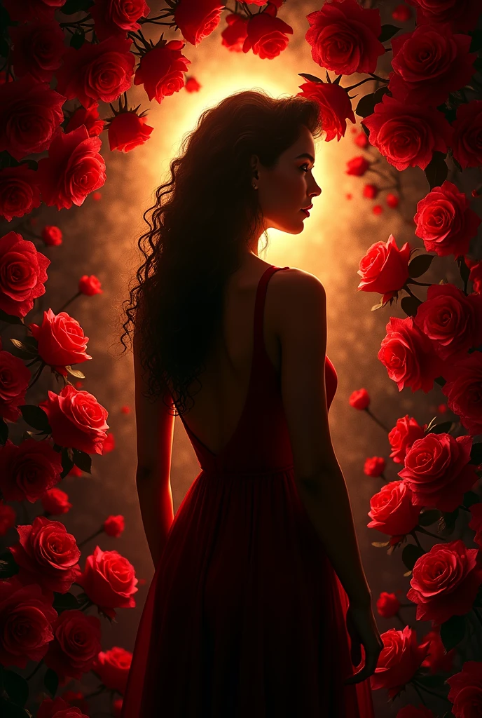 Book cover with red roses and silhouette of a woman from behind, Not so big, in golden color with curly hair