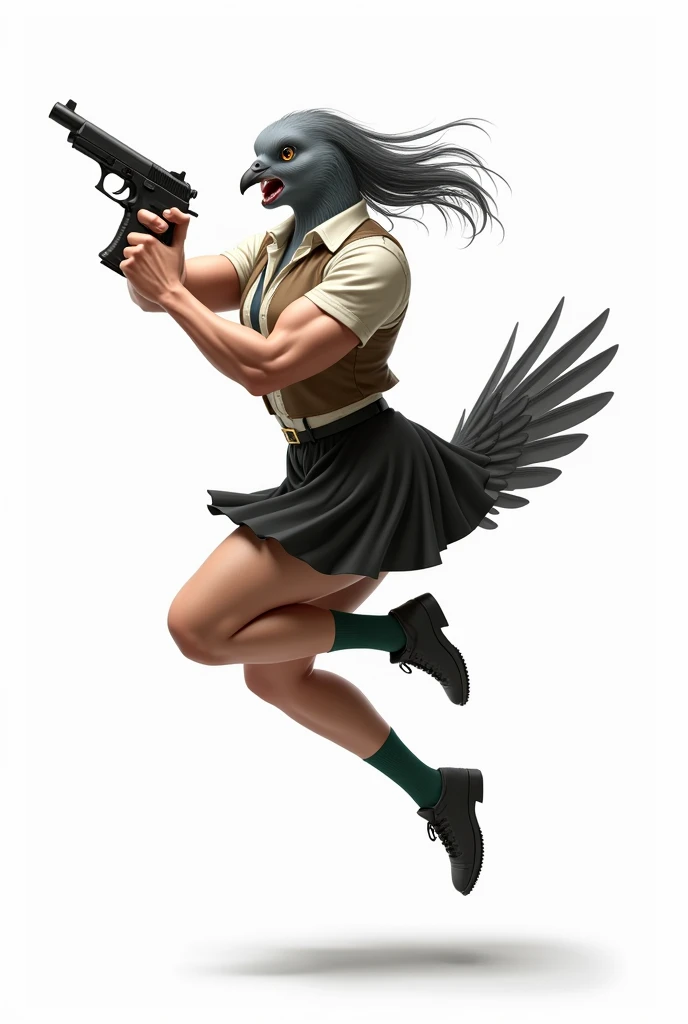 front、Jumping、A gray female pigeon wearing an off-white collared short-sleeved shirt, a light brown vest, a knee-length black skirt, dark green socks and black shoes.、Gray female pigeon with muscles like a bodybuilder shooting a gun、Background is white
