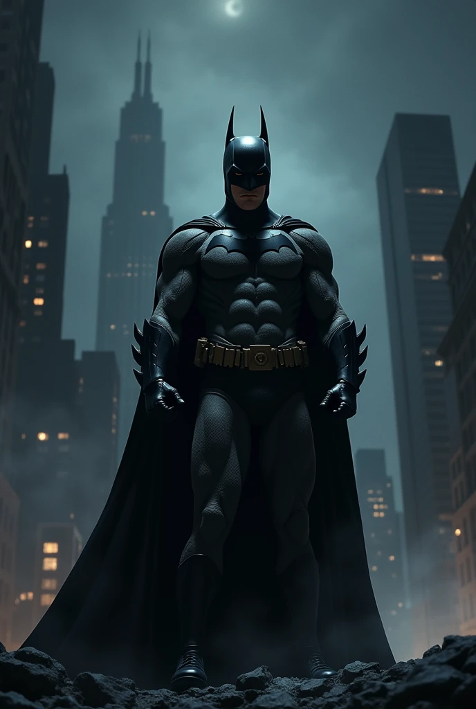 Batman at night illustration, work of art, gloomy style, perfect lighting, 8k, lot of details, work of art, from front view, hero pose